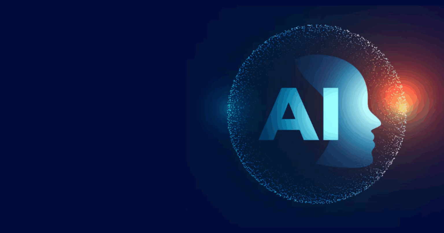 Digital illustration of a human profile silhouette integrated with the letters 'AI' inside a glowing, dotted circular frame, symbolizing artificial intelligence and human-machine interaction on a dark blue background